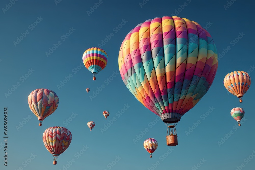 Naklejka premium Vibrant Hot Air Balloons Soaring in a Clear Blue Sky