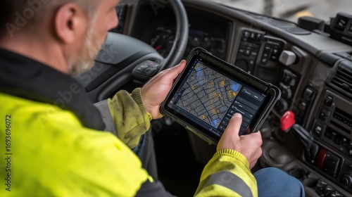 Man operating tablet with digital GPS inside vehicle cabin showing logistics technology, transport navigation, and fleet route optimization.