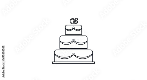 Three-Tiered Wedding Cake with Rings Topper, Line Art Illustration.