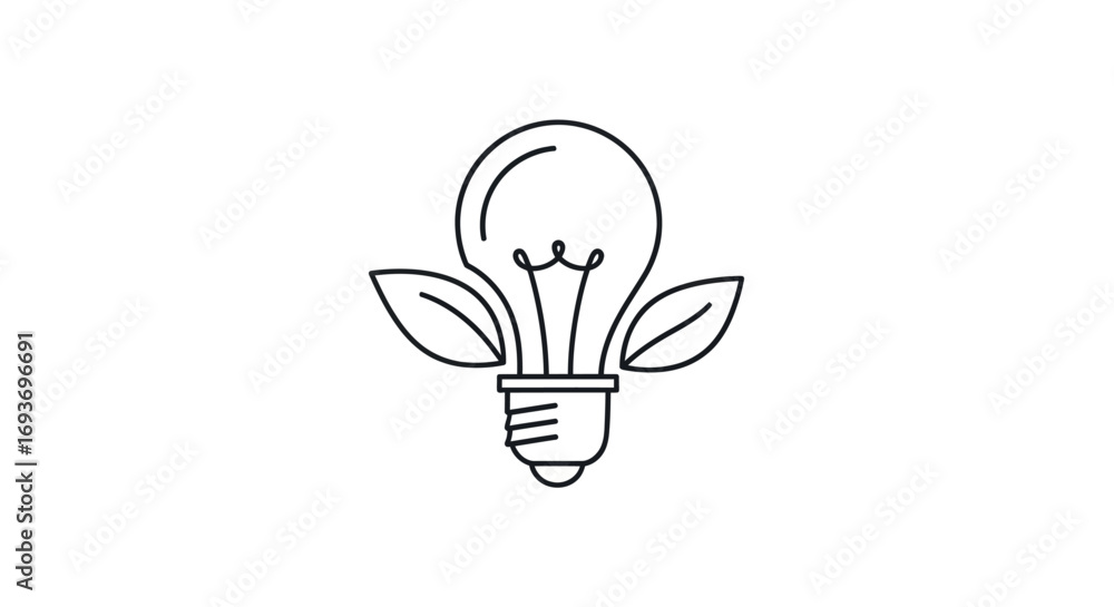 Naklejka premium Eco-friendly light bulb with green leaves line art icon.