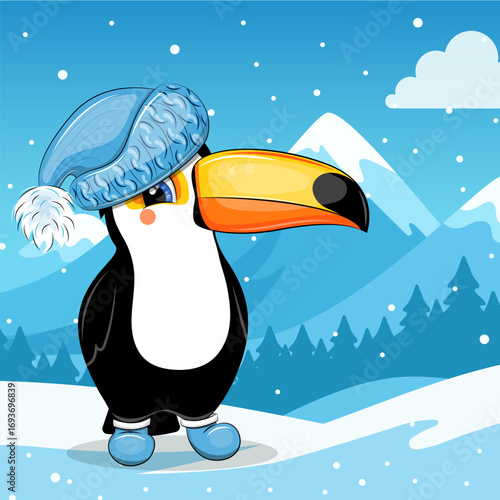 Cute cartoon toucan with blue hat in winter. Vector Illustration landscape with animal, snowy mountains and falling snow.