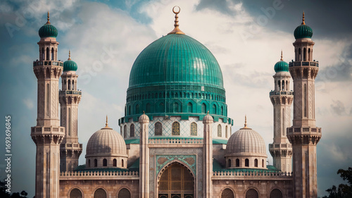 Grand Islamic Mosque with Green Dome and Minarets