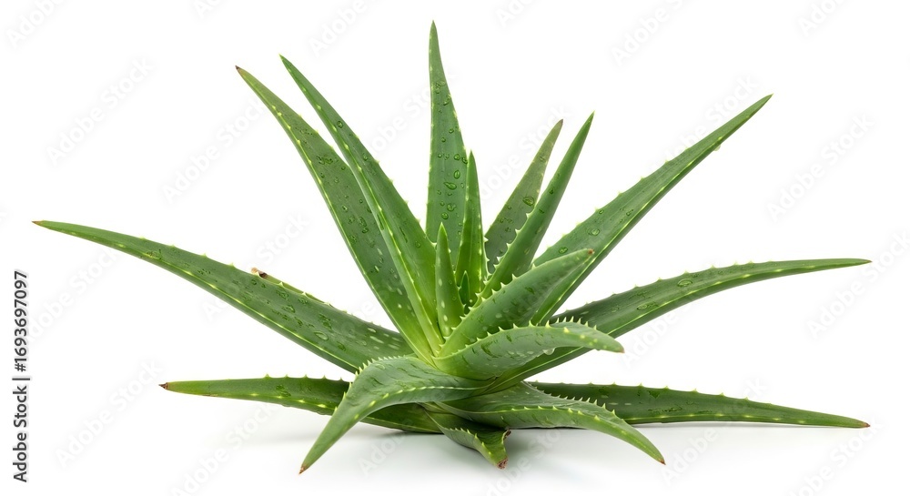 Fototapeta premium A vibrant green succulent plant with thick pointed leaves and serrated edges adorned with water droplets stands prominently against a clean white background