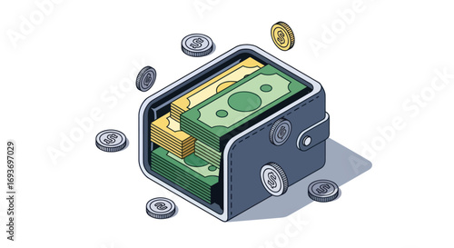 Open wallet overflowing with stacks of cash and scattered coins.