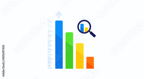 Colorful Bar Chart with Magnifying Glass for Data Analysis.