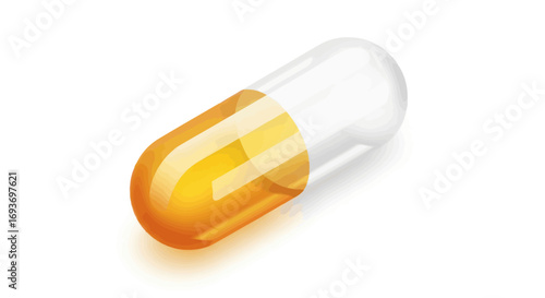 Two-toned translucent capsule pill with orange and white halves.