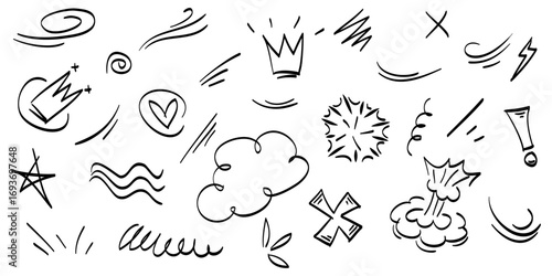 Hand drawn set of doodle emphasis design elements. hearts, Crown, clouds, flash, swishes, exclamation, star, scribble. used for infographic concept design