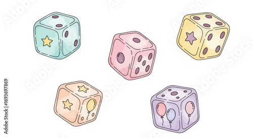Five colorful hand-drawn dice illustration with stars and balloons for games and chance.