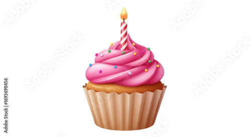 Delicious Pink Frosted Cupcake with Lit Candle.