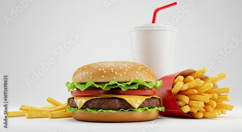 A cheeseburger with lettuce and tomato golden french fries in a red holder and a white drink cup with a red straw on a clean surface