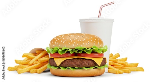A cheeseburger with lettuce and tomato a paper cup with a straw and golden french fries are arranged on a white background