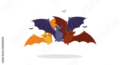 A cute colony of colorful cartoon bats flying together in a flat vector illustration style for Halloween.