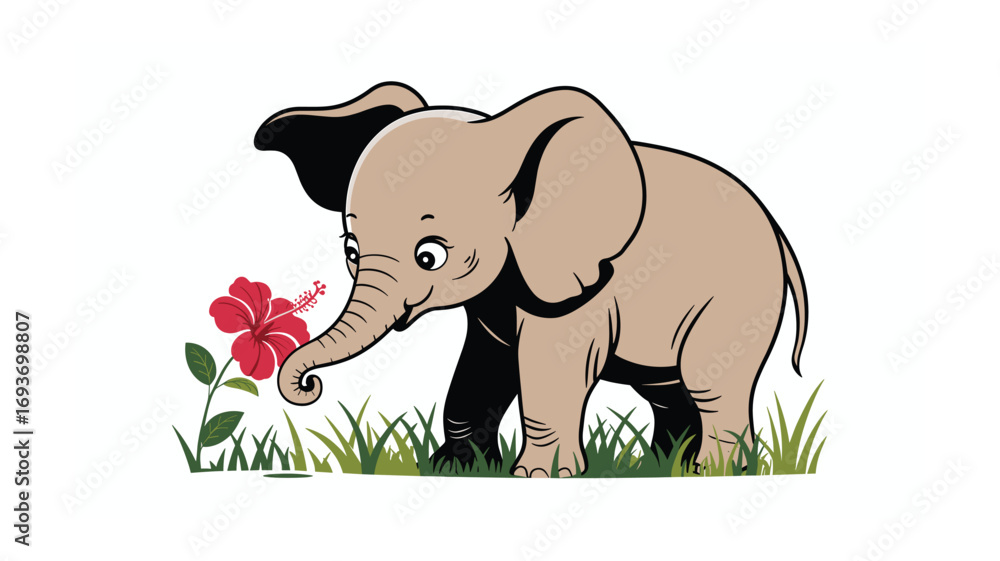 Obraz premium Cartoon Baby Elephant Smelling Red Hibiscus Flower in Green Grass Illustration - Cute Animal, Vector Art, and Tropical Nature for Kids