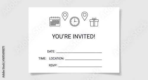 White Invitation Card with Youre Invited Text and Event Details.