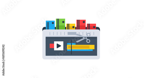 Colorful Video Editing Timeline with Play Button and Scissors Icon.