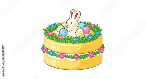 A festive two-tiered Easter celebration cake with a bunny topper, colorful eggs, and flower decorations.