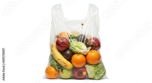 A clear plastic bag filled with an assortment of rotting and bruised fruits and vegetables including apples oranges bananas avocados and lettuce on a white background