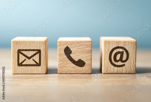 Contact information icons on wooden blocks