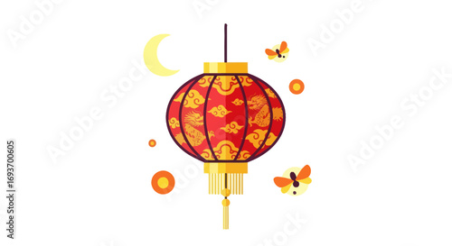 Festive Red Chinese Lantern with Decorative Gold Accents.