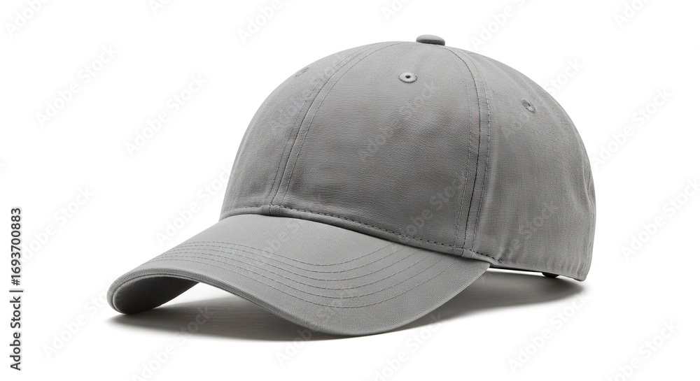 Obraz premium A grey fabric baseball cap is depicted on a white background featuring a curved brim paneled crown with stitching and small ventilation holes A soft shadow is cast beneath it