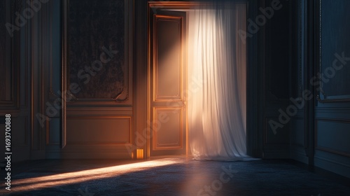 Illuminated doorway with sheer curtain, antique style molding and dark floor evokes mystery