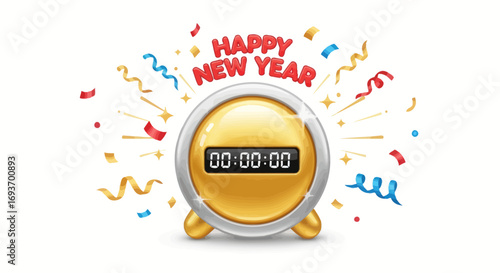 Golden Countdown Clock for Happy New Year Celebration.