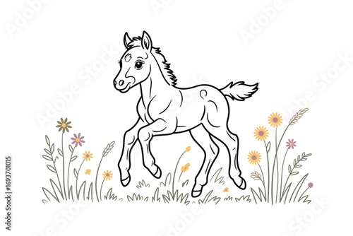 Adorable Foal in a Field of Flowers: A Cute and Playful Line Art Illustration for Children's Books and Coloring Pages