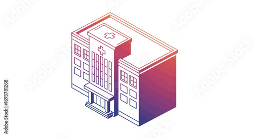 Isometric Illustration of a Modern Hospital Building with Cross.