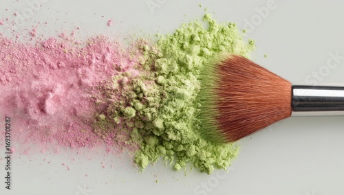 Makeup brush with pink and green powder