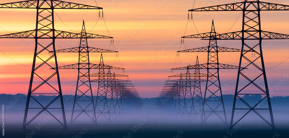 Fototapeta premium Electricity transmission infrastructure supports renewable integration and a sustainable future of power.