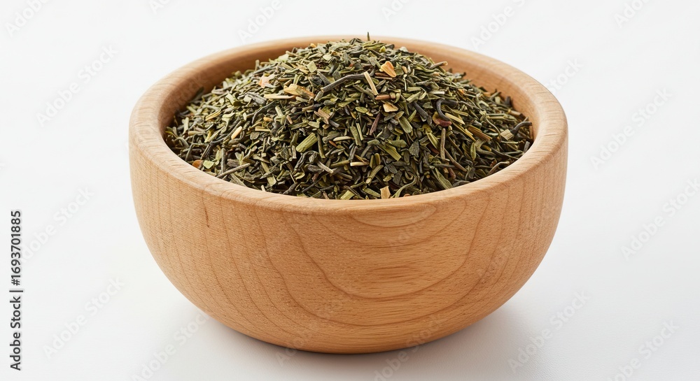 Fototapeta premium A light wooden bowl holds a mound of dried chopped green plant material set against a bright white background