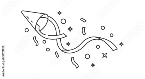 A simple black and white line art illustration of an exploding party popper with confetti and a streamer.