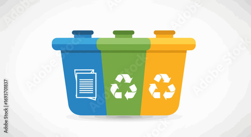 Foto Three color-coded recycling bins for waste separation with paper and recycle symbols