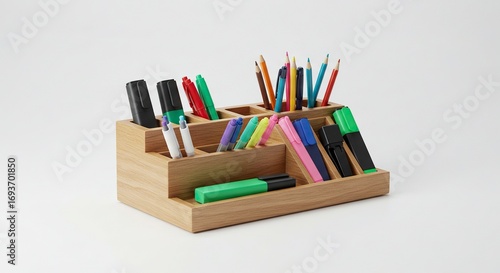 A light wood desk organizer with multiple tiered compartments holds an assortment of colorful pens pencils and markers against a plain white background