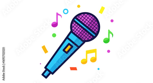 Colorful Cartoon Microphone with Musical Notes.