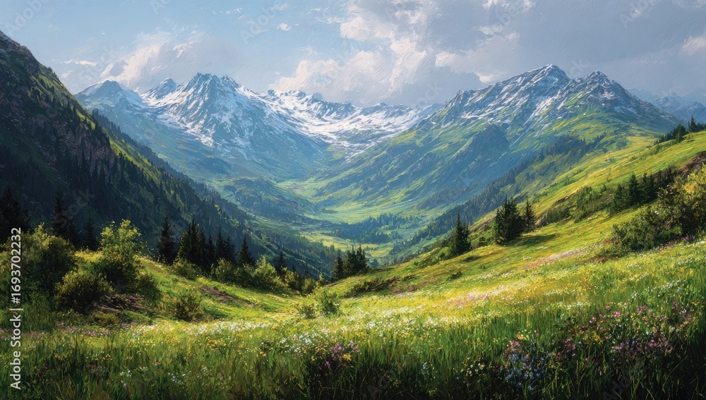 Fototapeta premium Mountain valley panorama in summer