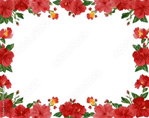 Red hibiscus flower border on white background