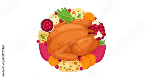 Roasted Turkey with Cranberry Sauce and Autumn Vegetables.