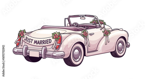 Vintage White Wedding Convertible Car with Decorations.
