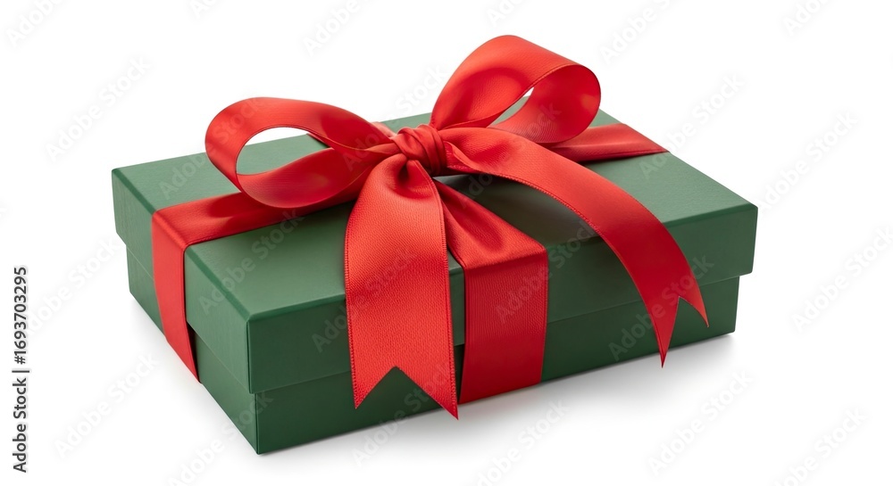 Obraz premium A rectangular dark green gift box wrapped with a vibrant red satin ribbon tied in a prominent bow rests on a clean white surface