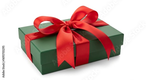 A rectangular dark green gift box wrapped with a vibrant red satin ribbon tied in a prominent bow rests on a clean white surface