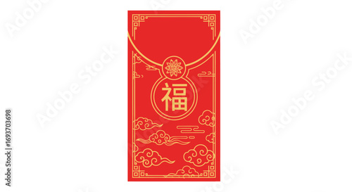 Schilderij op canvas Red Chinese New Year Lucky Money Envelope with Gold Patterns and Fu Character