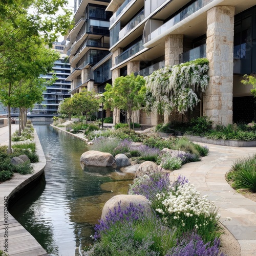 Wallpaper Mural Modern apartment complex courtyard with water feature and landscaping Torontodigital.ca