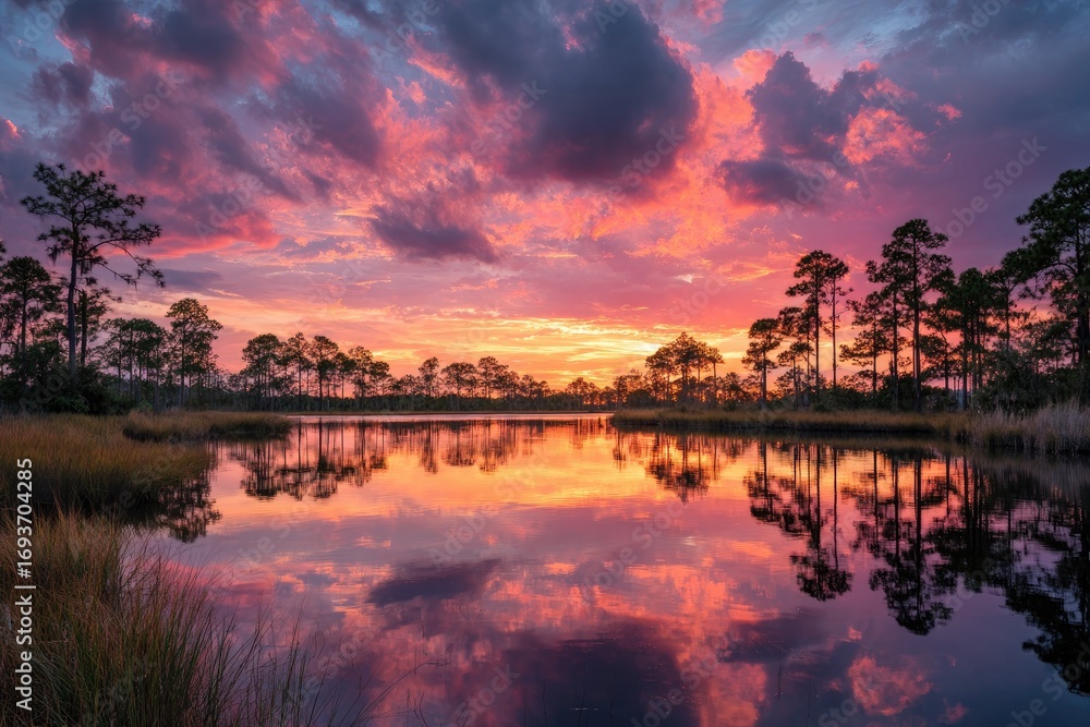 Obraz premium A vibrant sunset reflecting on a still body of water