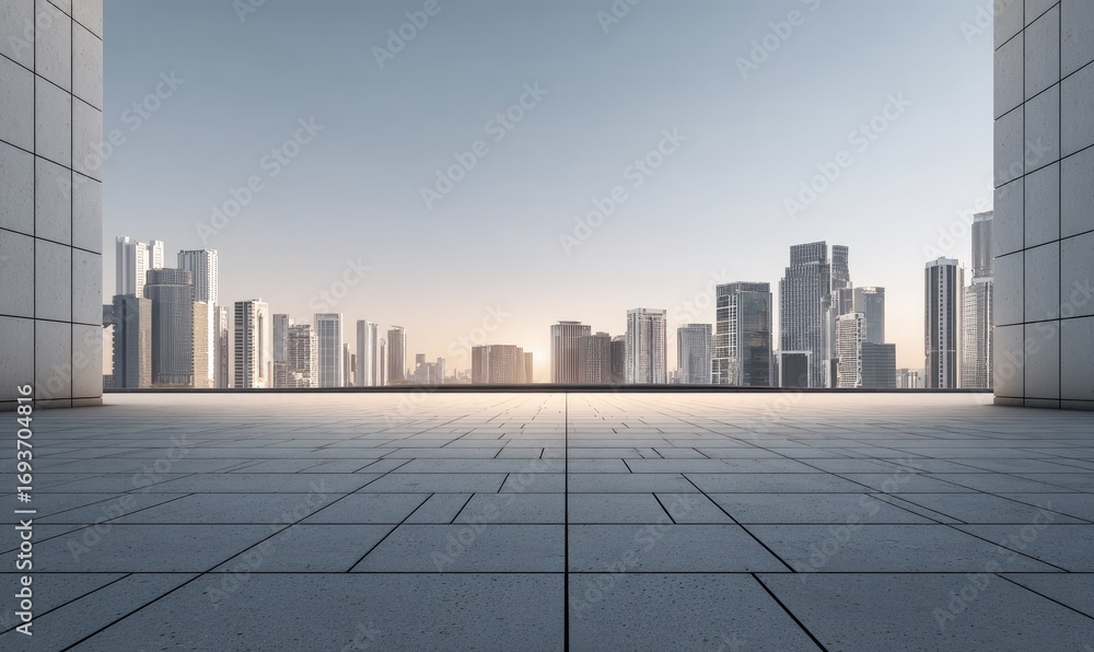 Fototapeta premium Empty rooftop plaza overlooking cityscape at dawn