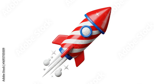 Red and White Striped Rocket with Blue Accents and Smoke Trails.