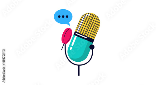 Cartoon Microphone with Speech Bubble, Audio Recording Device Illustration.