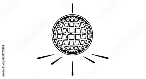 Stylized black and white disco ball illustration with radiating light rays.