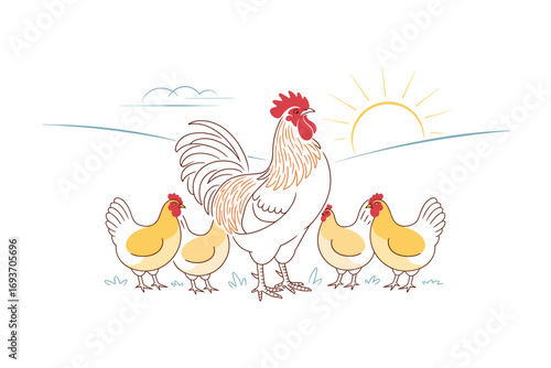 Rooster and Hens Vector Illustration: Farm Animals in a Rural Setting with Sunrise, Perfect for Poultry or Agriculture Concepts.