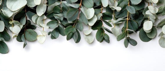 Delicate eucalyptus leaves artfully arranged on a white background